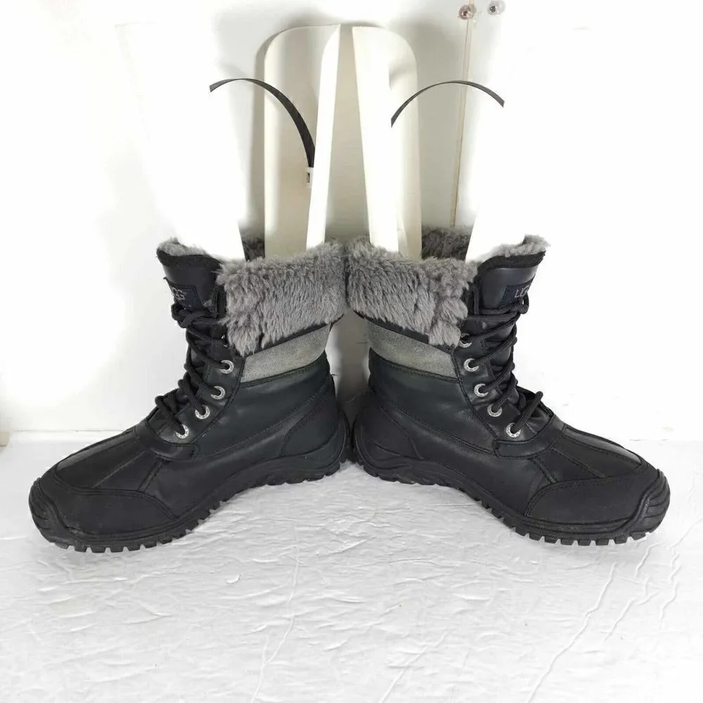 UGG Women's Adirondack Il US7 Black Leather Sheepskin Lace Up Winter Boots
